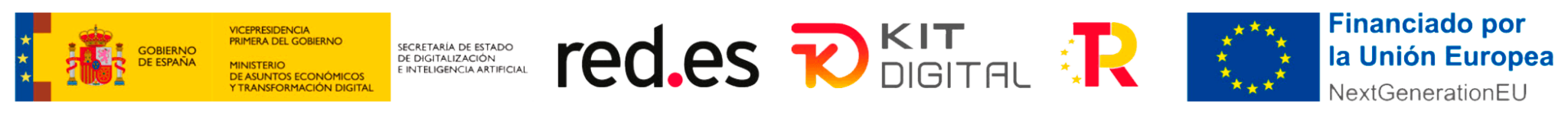 Logos del Gobierno de España, Red.es, Kit Digital, Transformación y Resiliencia, Unión Europea.